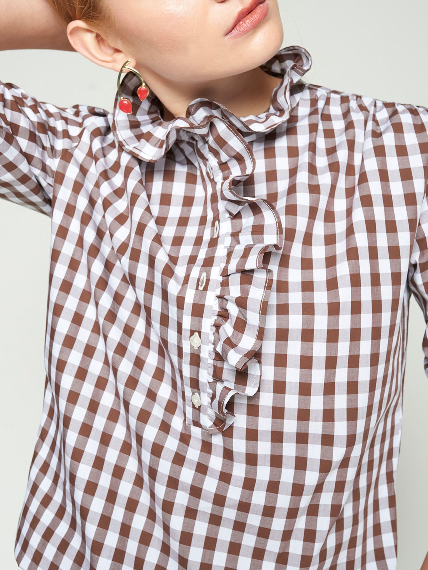 Vilagallo Check Brown & Brown Shirt With Ruffle
