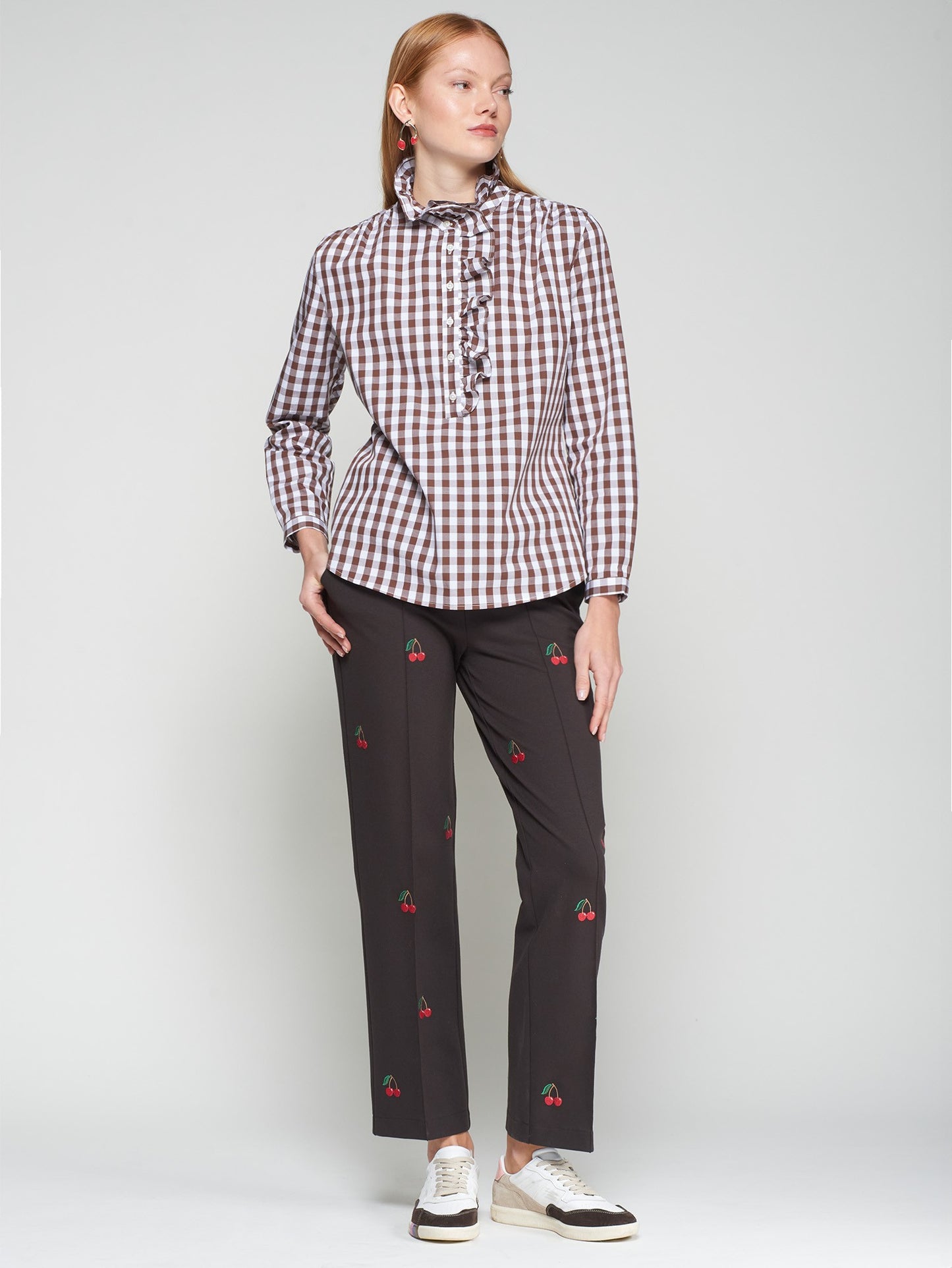 Vilagallo Check Brown & Brown Shirt With Ruffle