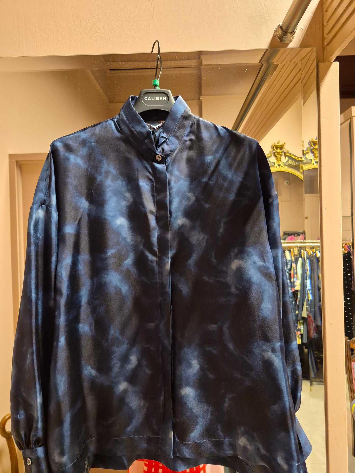 Caliban Marble Blue Print Silk Blouse