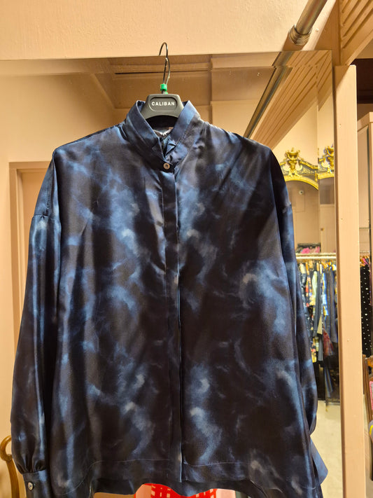 Caliban Marble Blue Print Silk Blouse