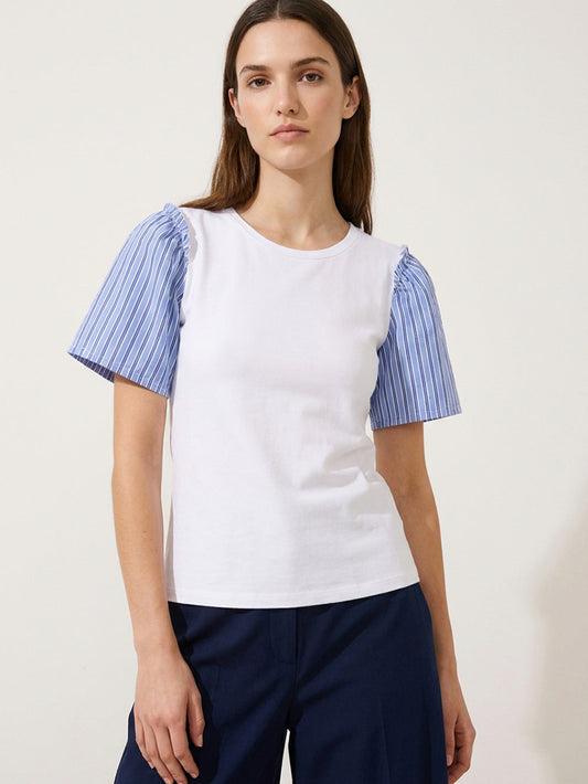 Vilagallo White T-Shirt With Striped Sleeves