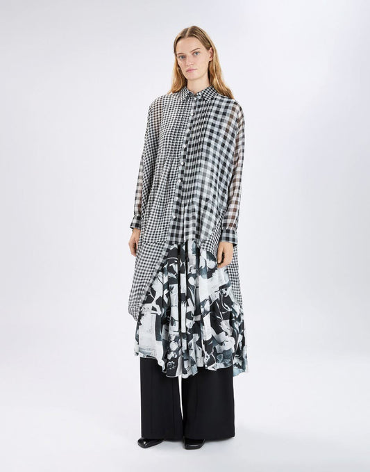 High Musket Asymmetric tunic in black-and-white check chiffon