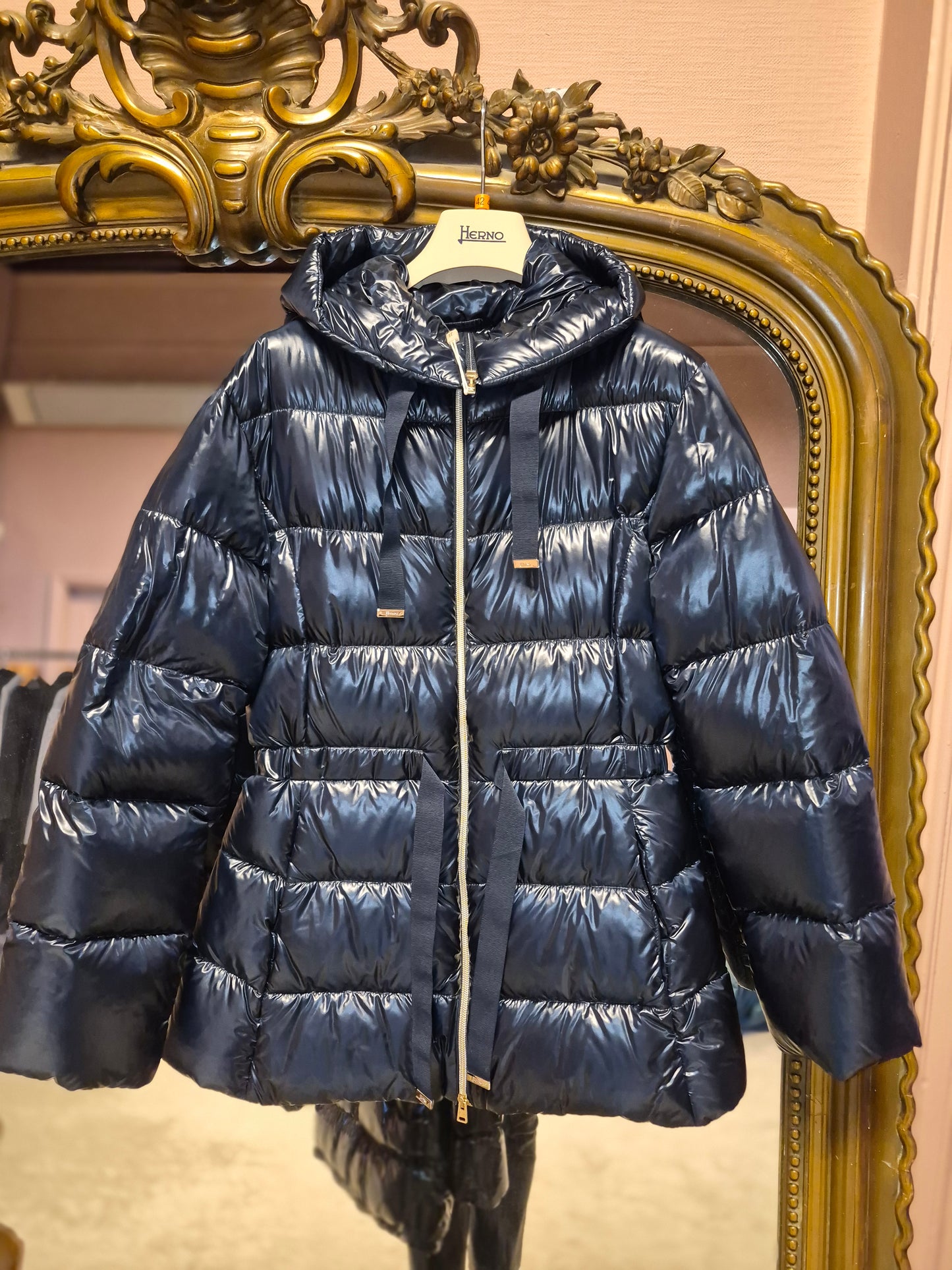 Herno Navy Belted Woven Puffa Jacket