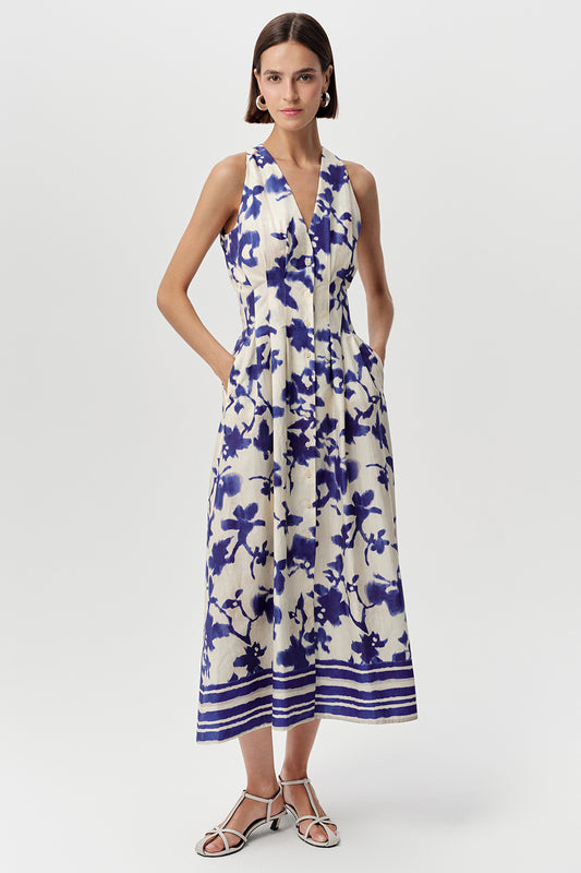 Exquise Zeta Blue and White Floral Sleeveless  Dress