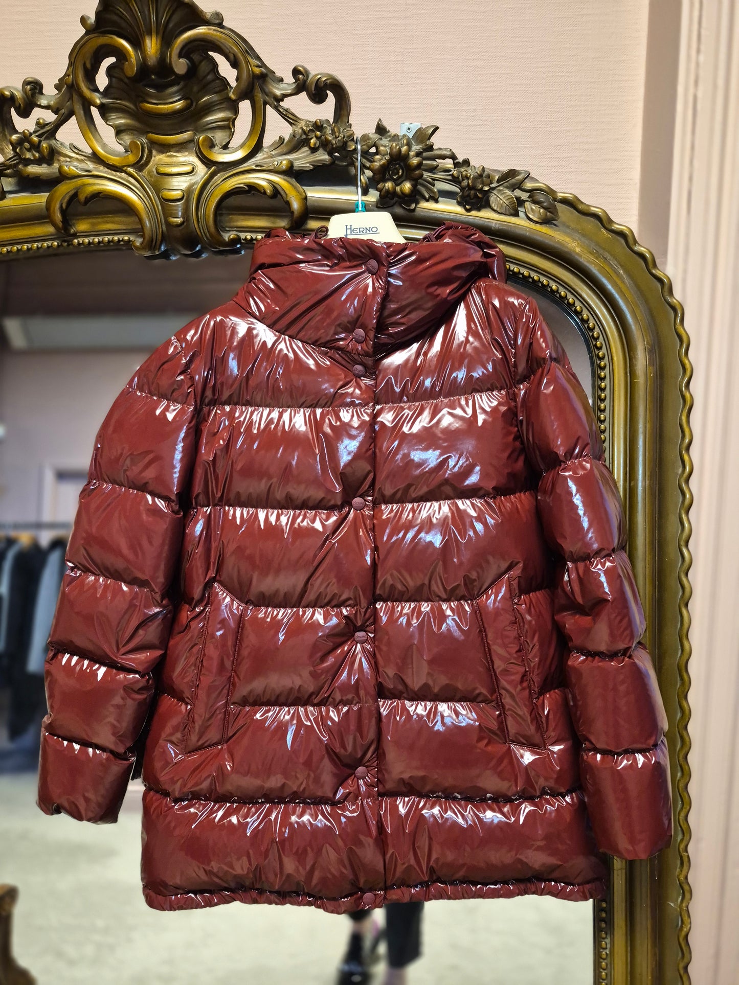 Herno Bordeaux Glossy Medium Length Puffa With Hood