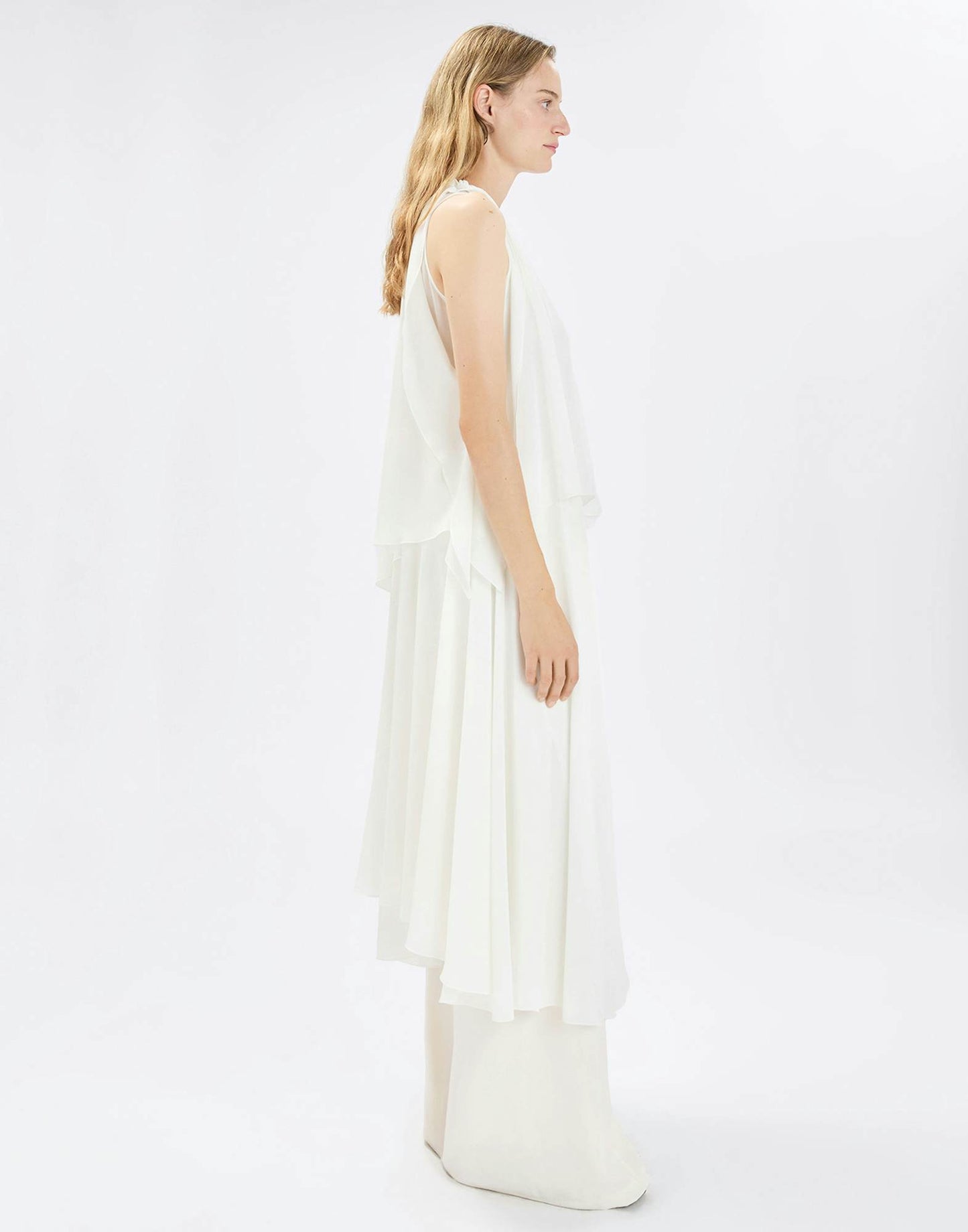 High Moonshine White asymmetric midi dress in technical georgette