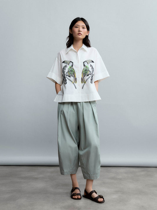 Psophia Cotton  Shirt with Beaded Parrots