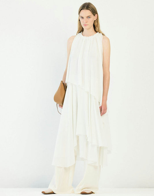 High Moonshine White asymmetric midi dress in technical georgette