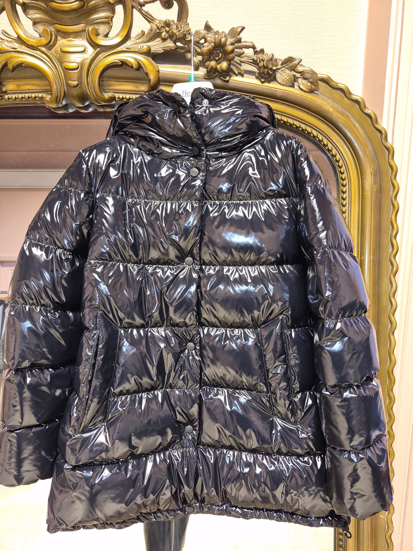 Herno Black Glossy Medium Length Puffa With Hood