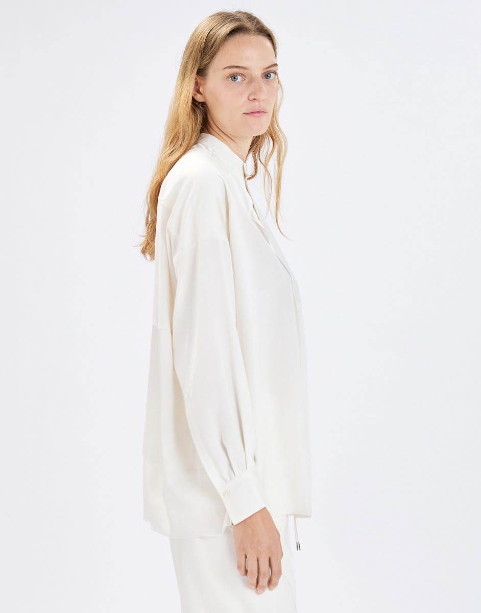 High Canter White technical satin shirt with layered panels