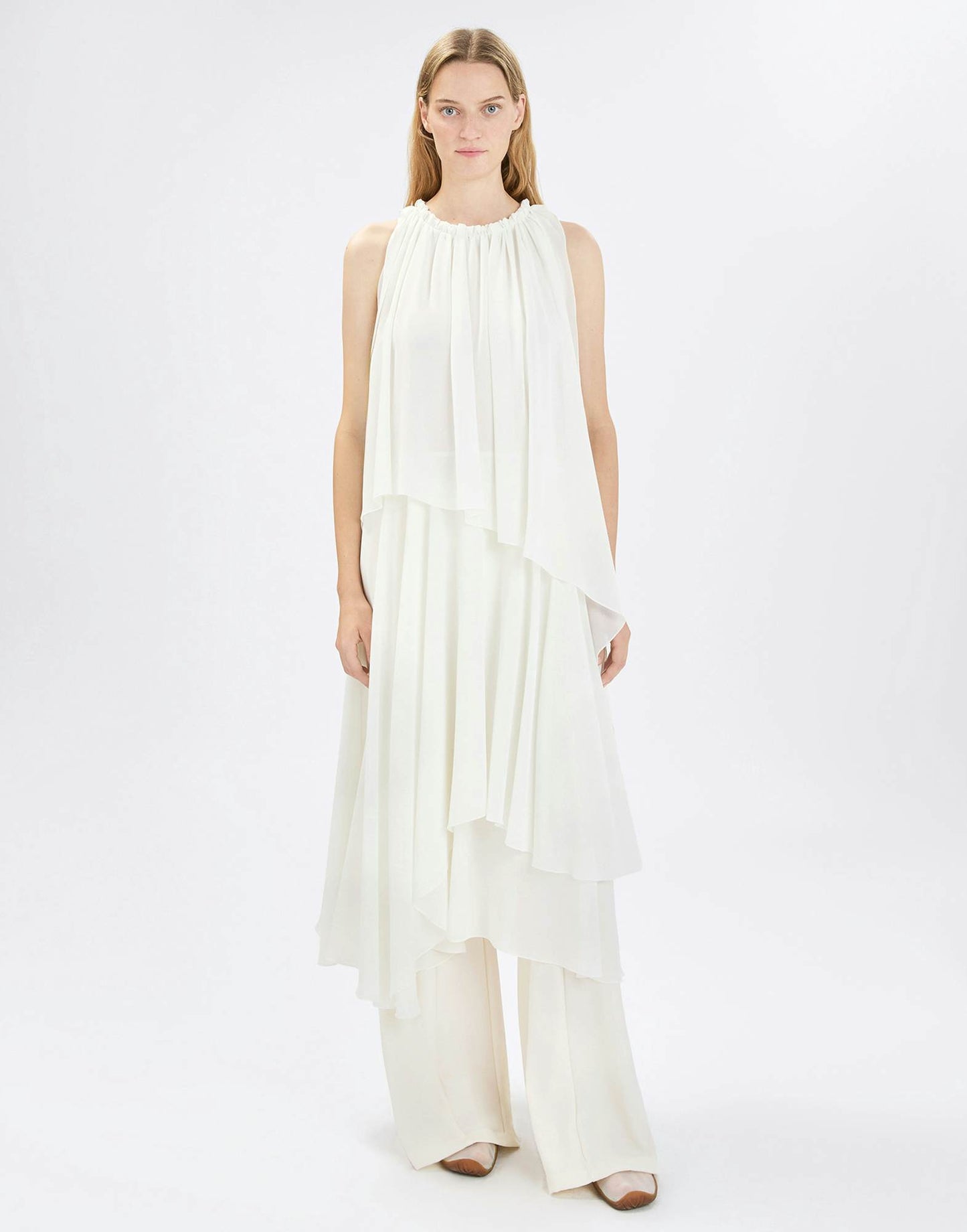 High Moonshine White asymmetric midi dress in technical georgette