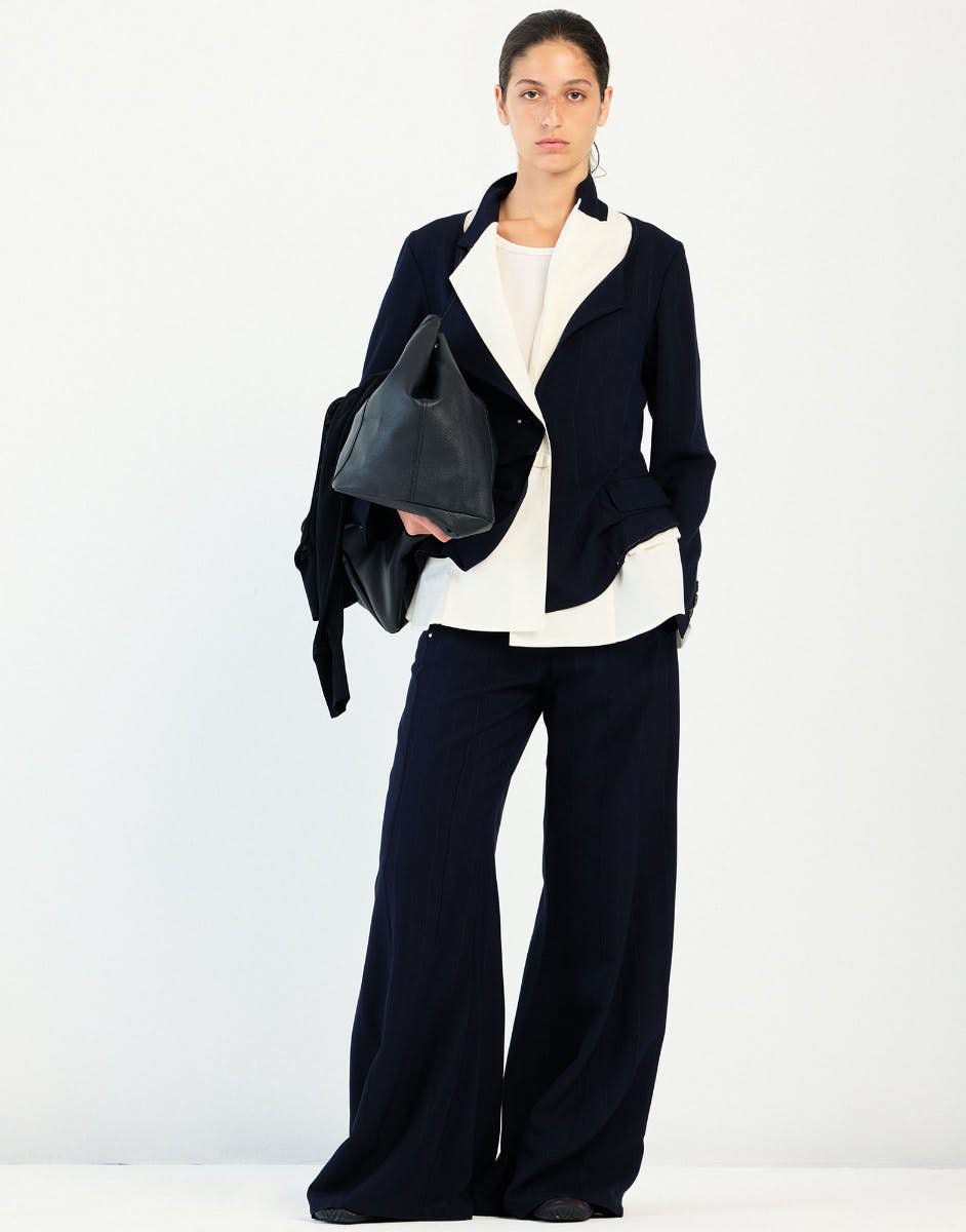 High Caught Out Palazzo pants in blue pinstriped viscose