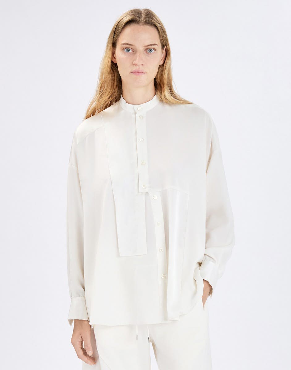 High Canter White technical satin shirt with layered panels