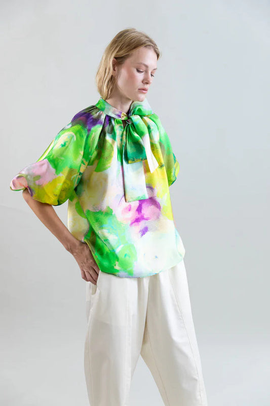 Psophia Neon Green Blouse  with Bow Tie Detail