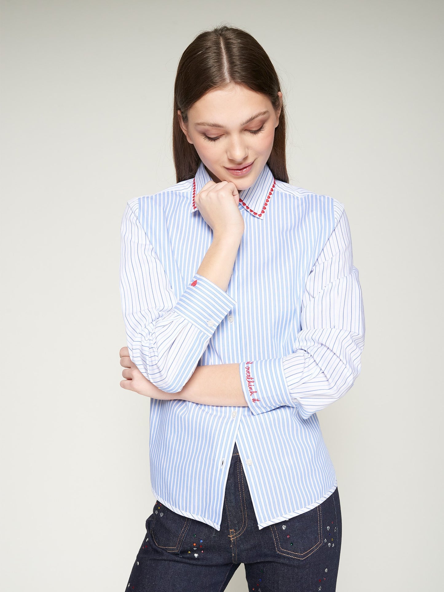 Vilagallo Striped Blue Shirt With Embroidered Hearts