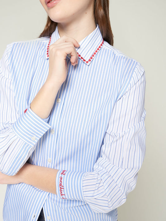 Vilagallo Striped Blue Shirt With Embroidered Hearts