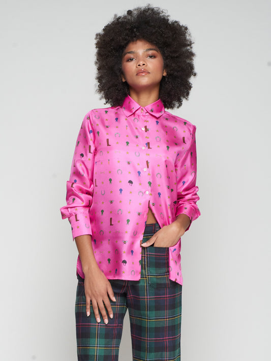 Vilagallo Pink Silk Shirt Equestrian Print