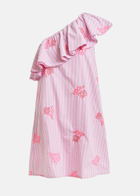 Essentiel Antwerp Jusjus Asymmetric Ruffle Dress in Pink Pin Stripe