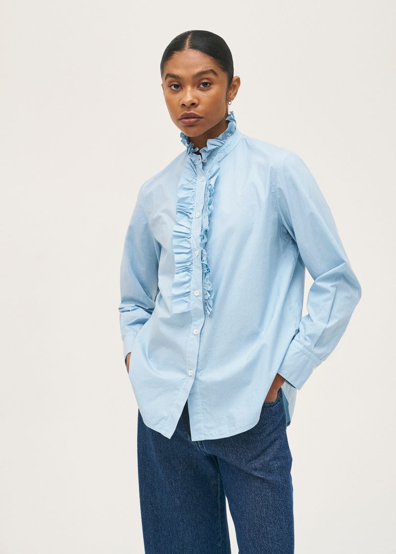 Rosso35 Light Blue Cotton Poplin Blouse with ruffle Detail