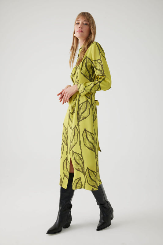 April Lime Dress with Leaf Print and Belt Detail