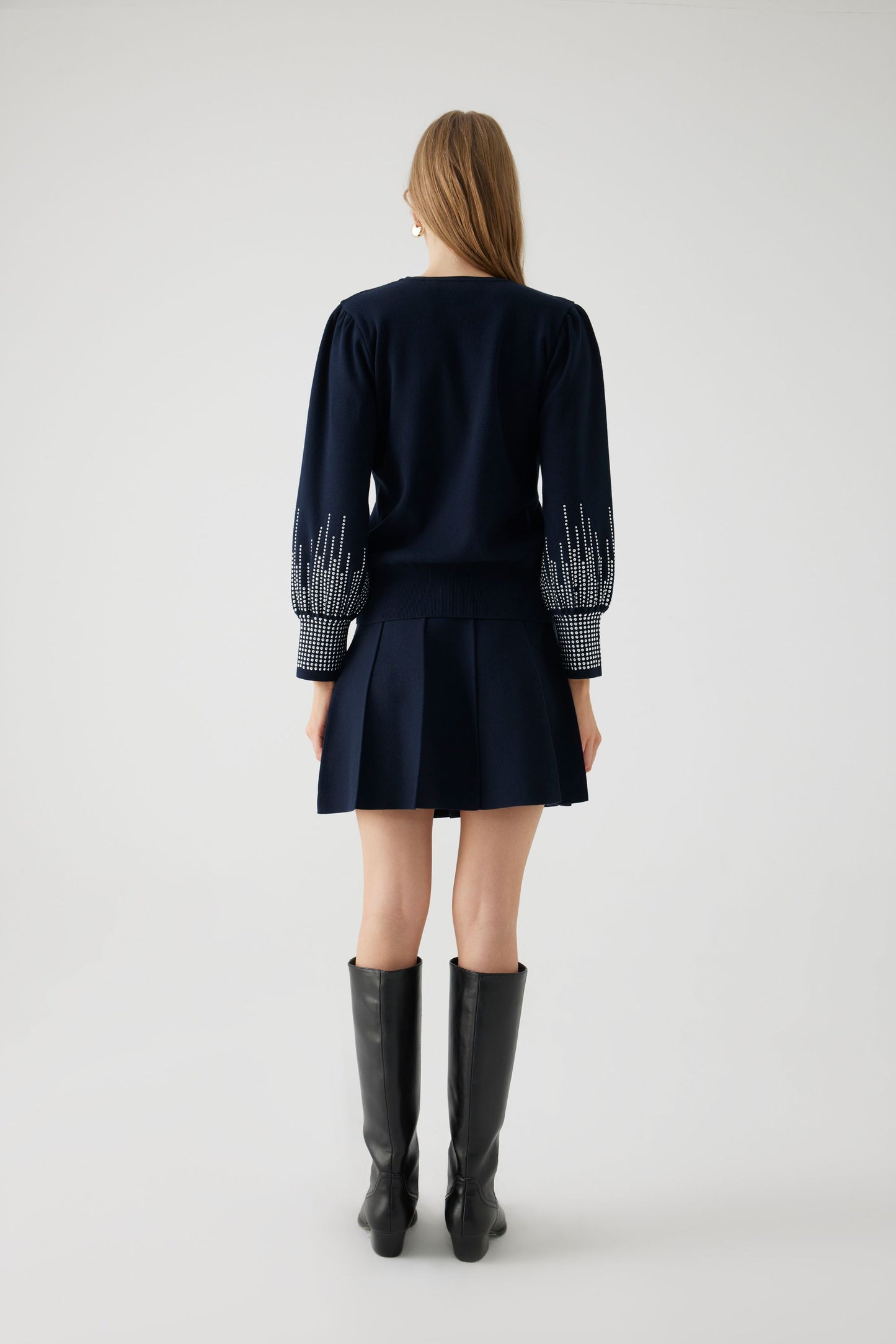 Autumn Navy Knit Top with Silver Studded Embellishment on the Sleeves