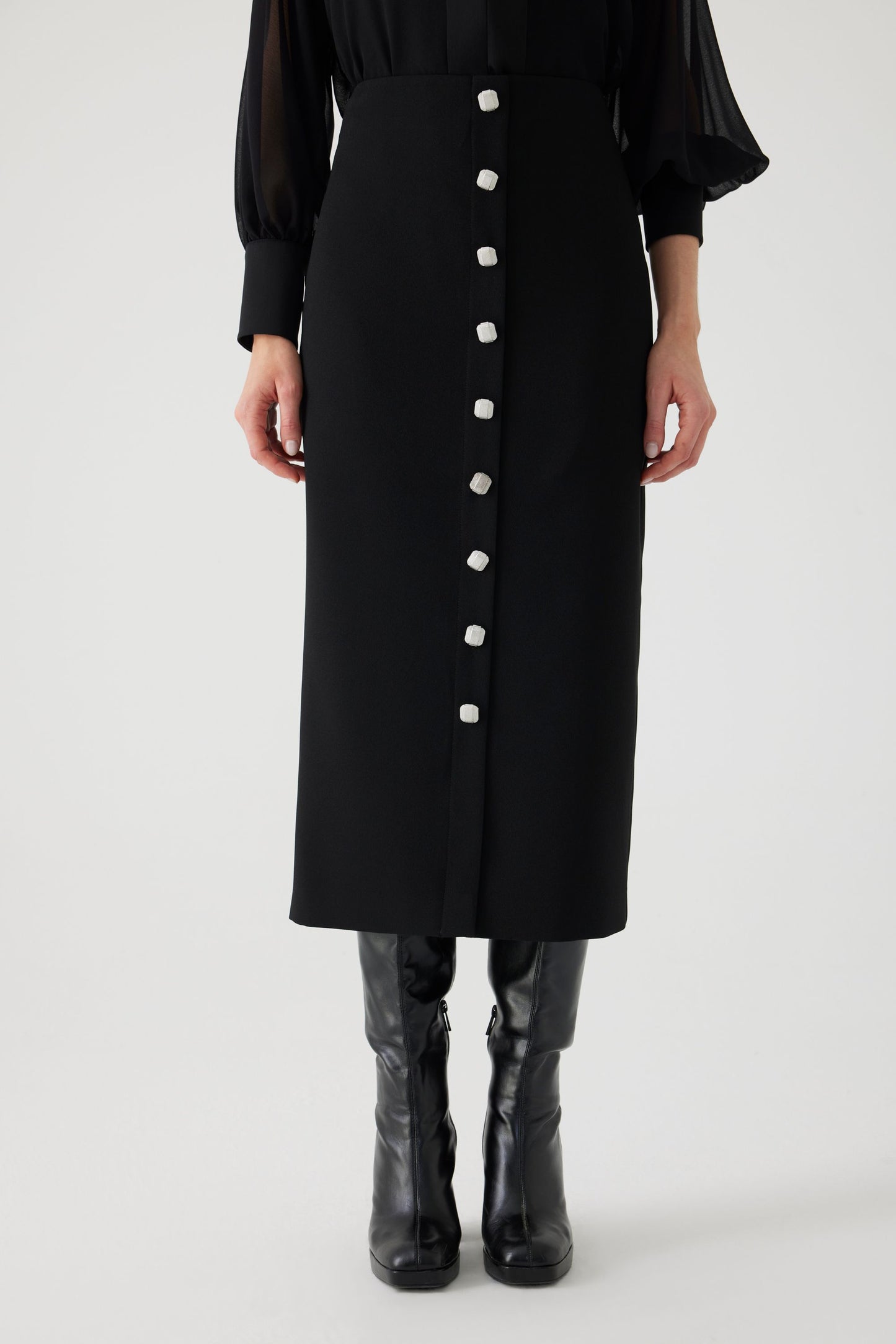 Alibeth Fitted Black Embossed Skirt with Embellished Button Detail