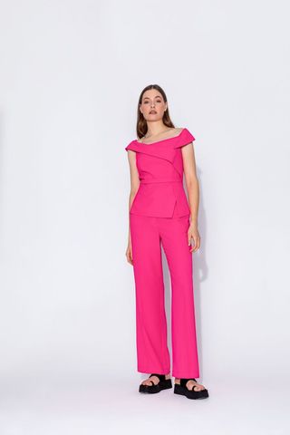 Fushia Pink Two Piece Trousers and Off the Shoulder Top