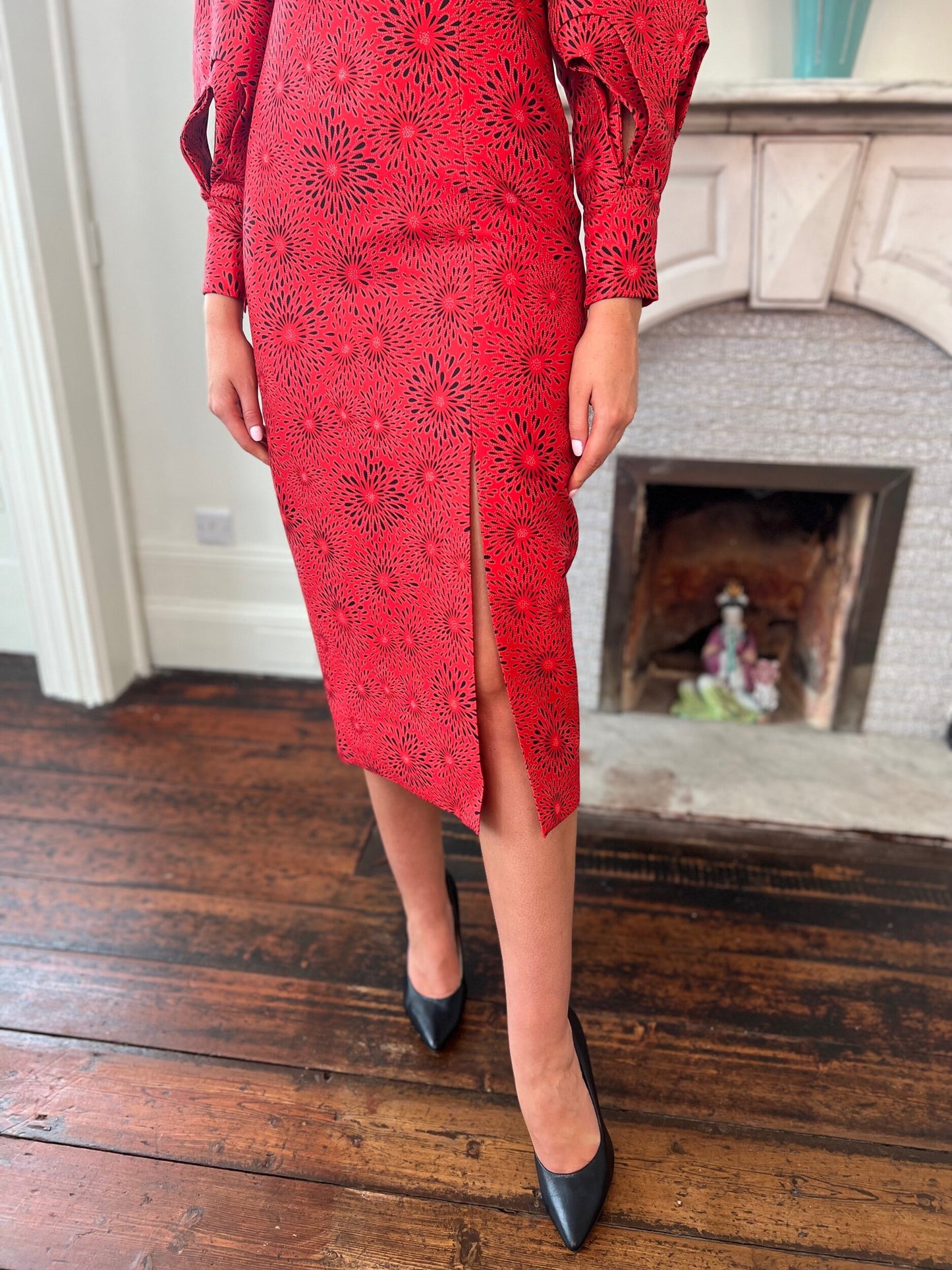 Coral Red and Black Jacquard Fitted Dress
