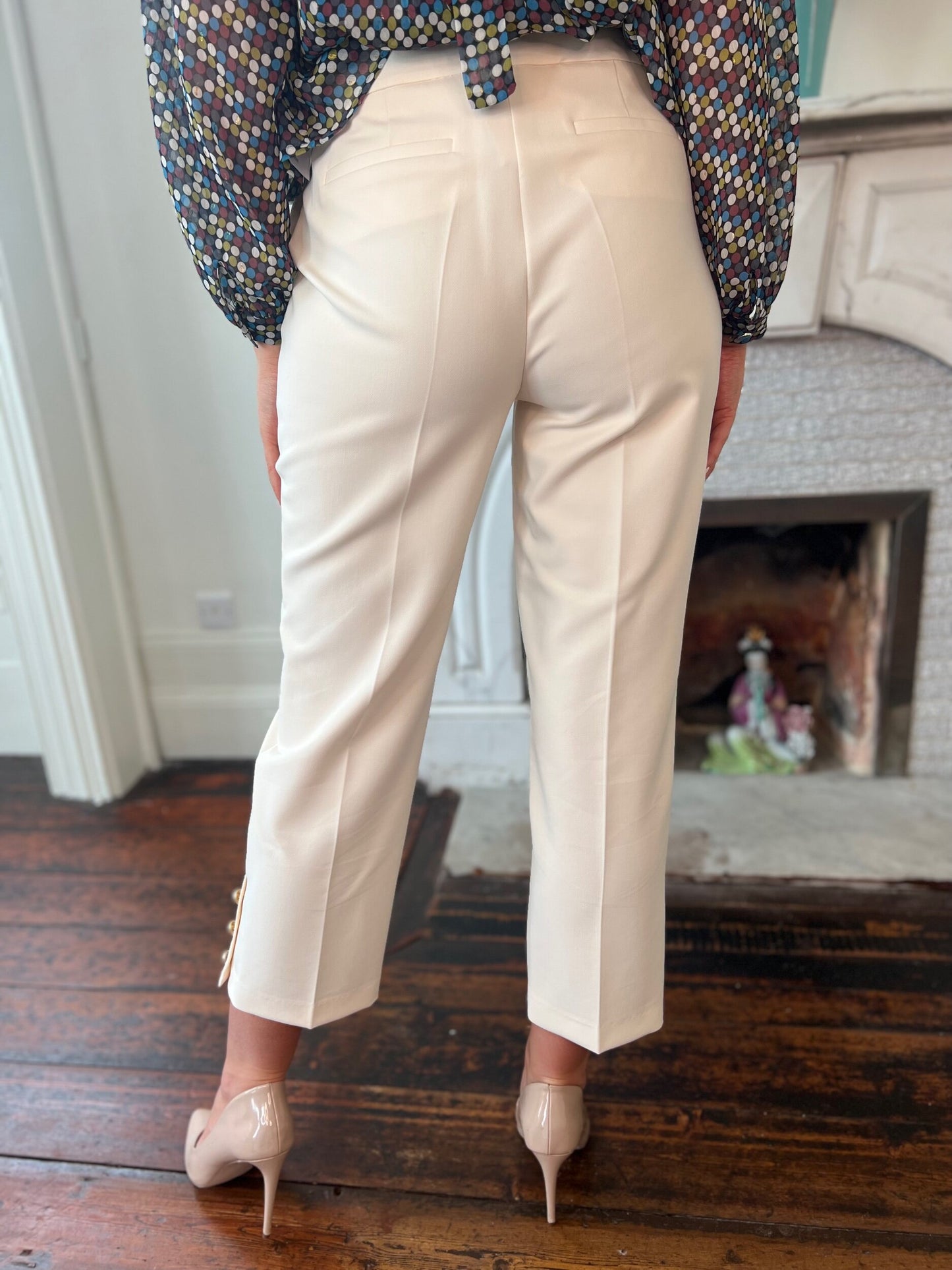 Cream Tailored Trousers Ankle Length with Gold Button Detail