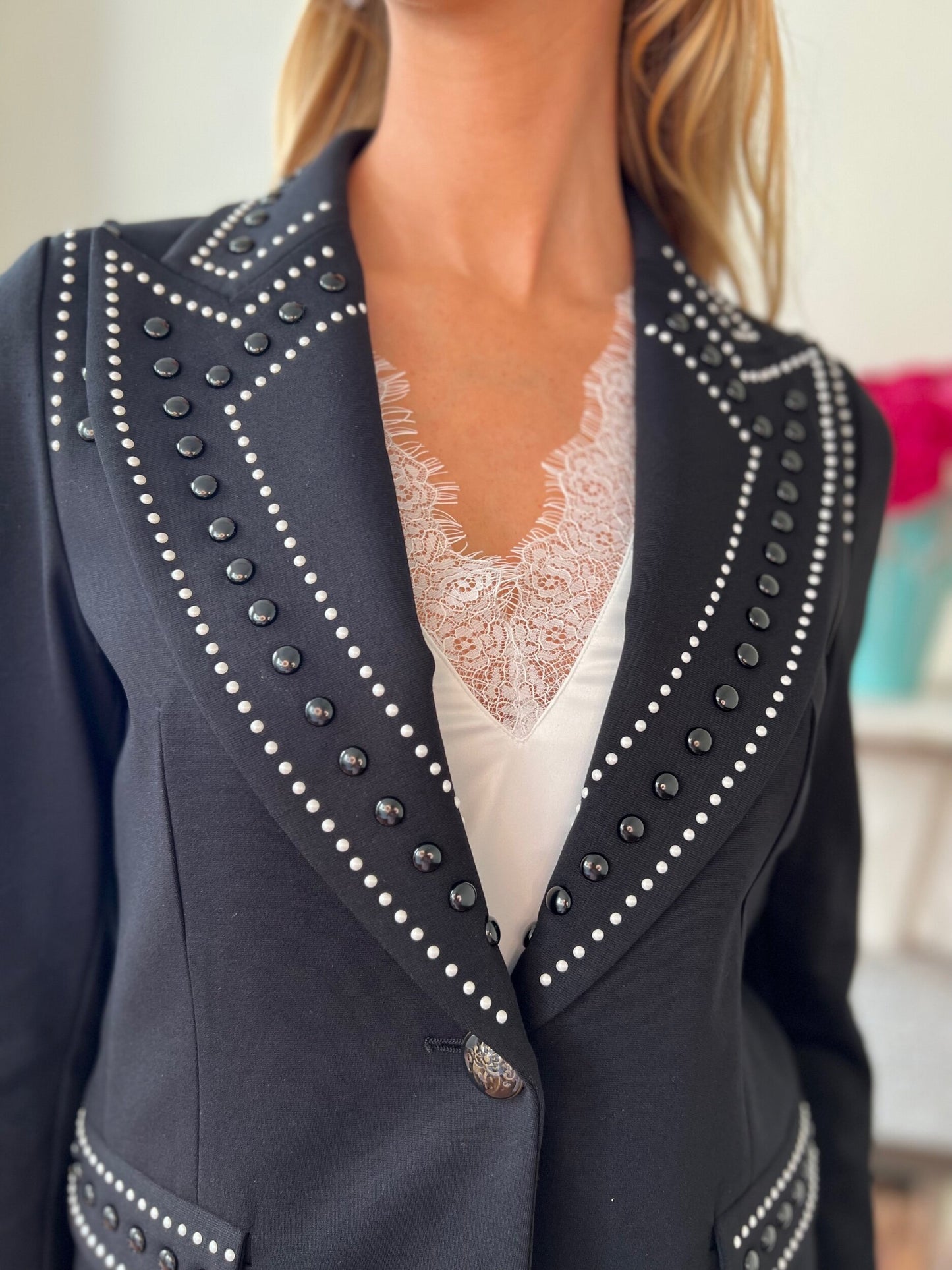 Florencia Tailored Black Jacket with White and Black Stud Detail