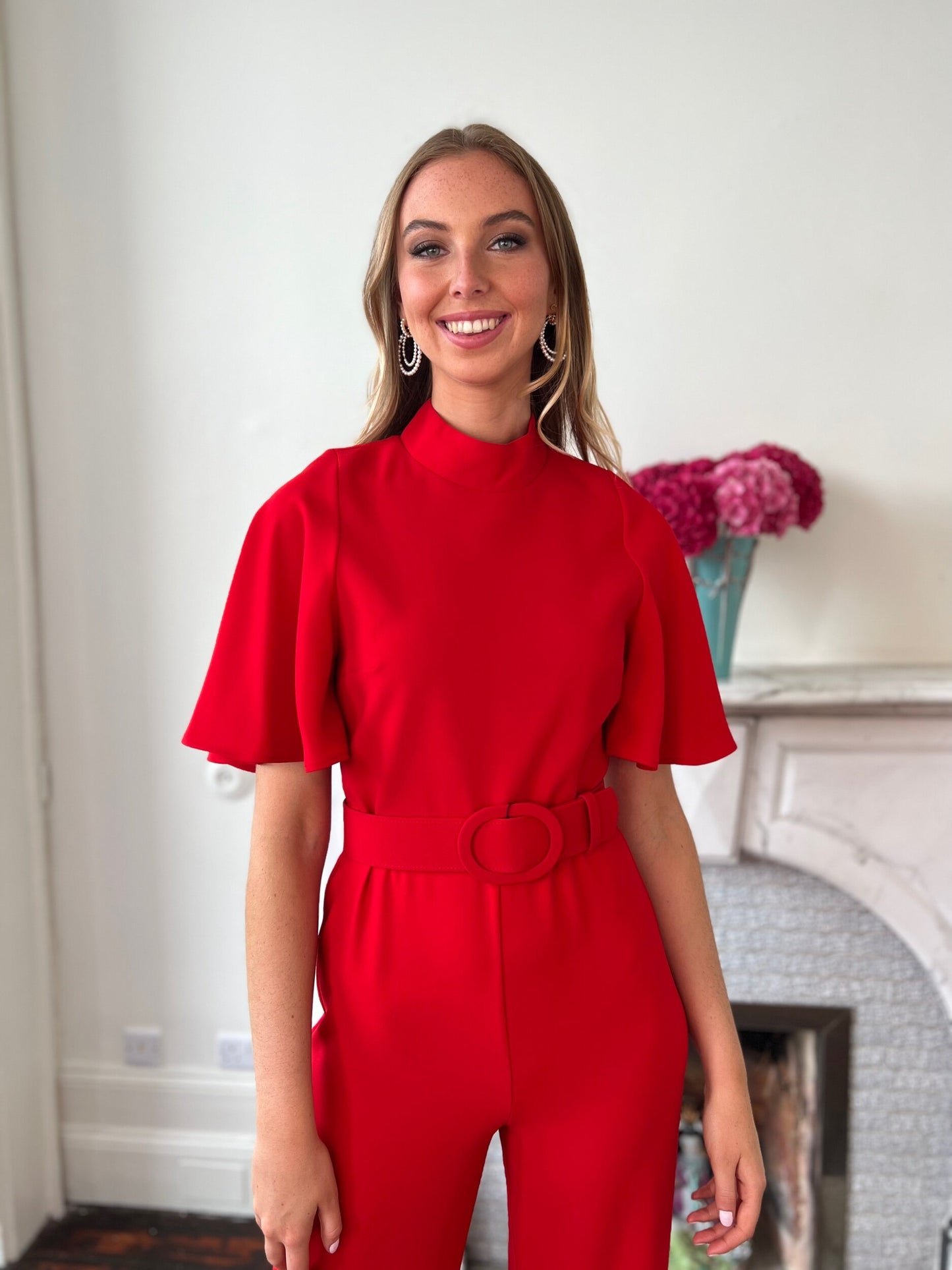 Scarlet Red Jumpsuit with Cape Sleeve and Neck