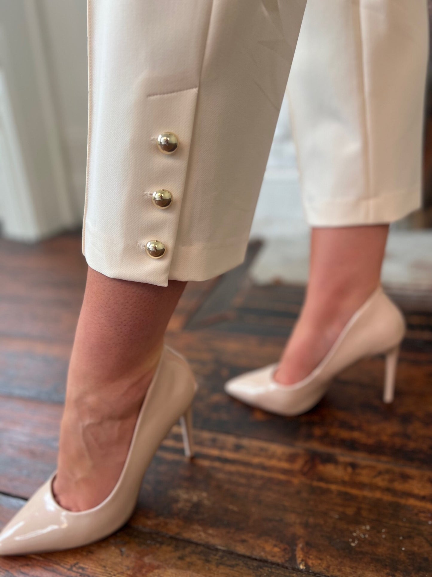 Cream Tailored Trousers Ankle Length with Gold Button Detail