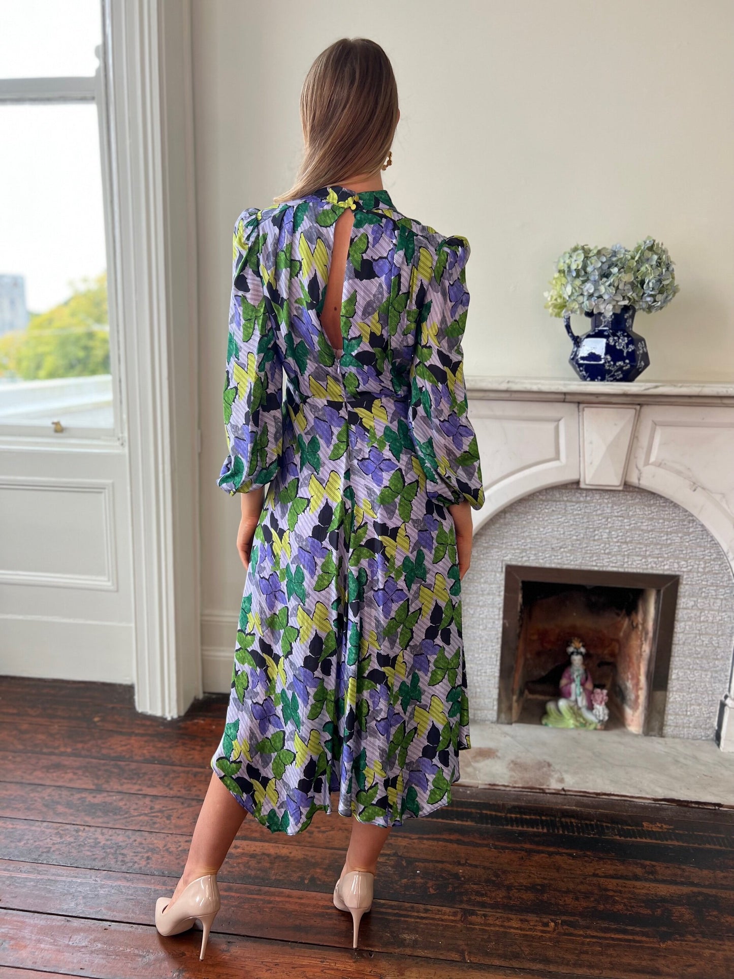 Lilac and Green Butterfly Print  Midi Dress with Long Sleeves