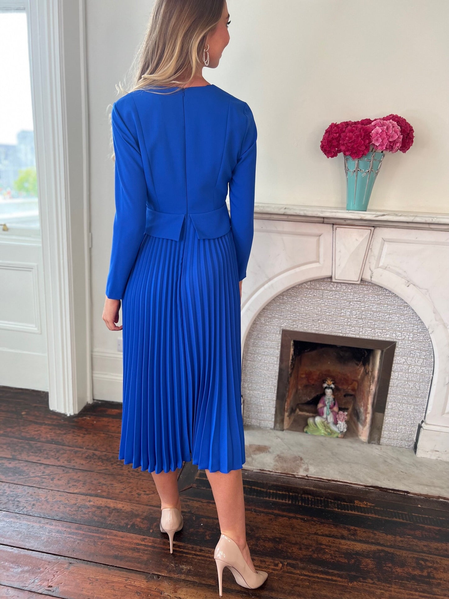 Sapphire Blue Structured Dress with Accordion Pleated Skirt