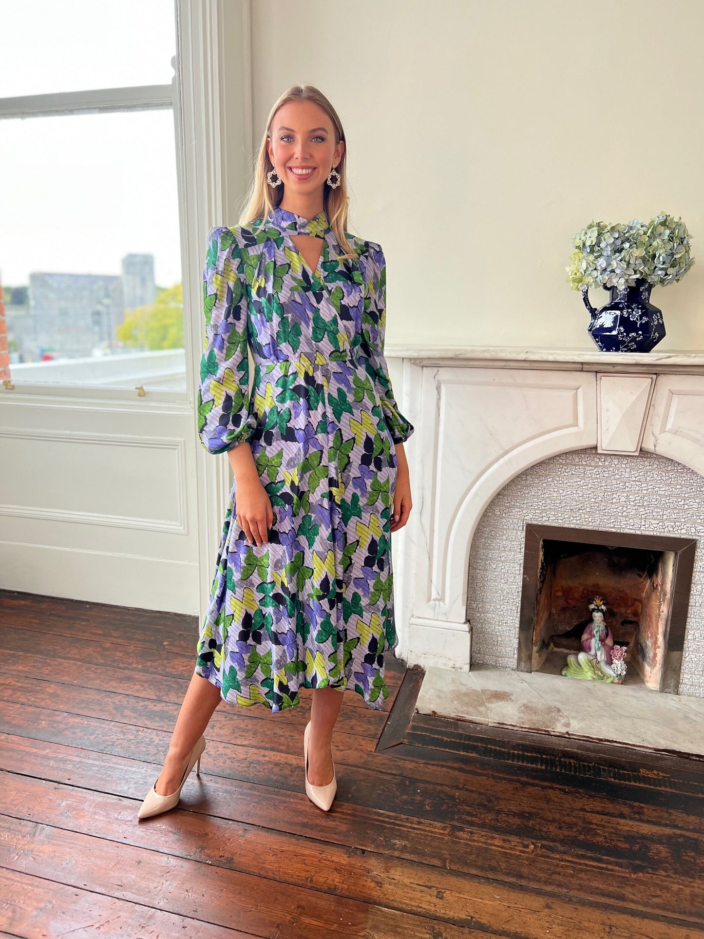 Lilac and Green Butterfly Print  Midi Dress with Long Sleeves