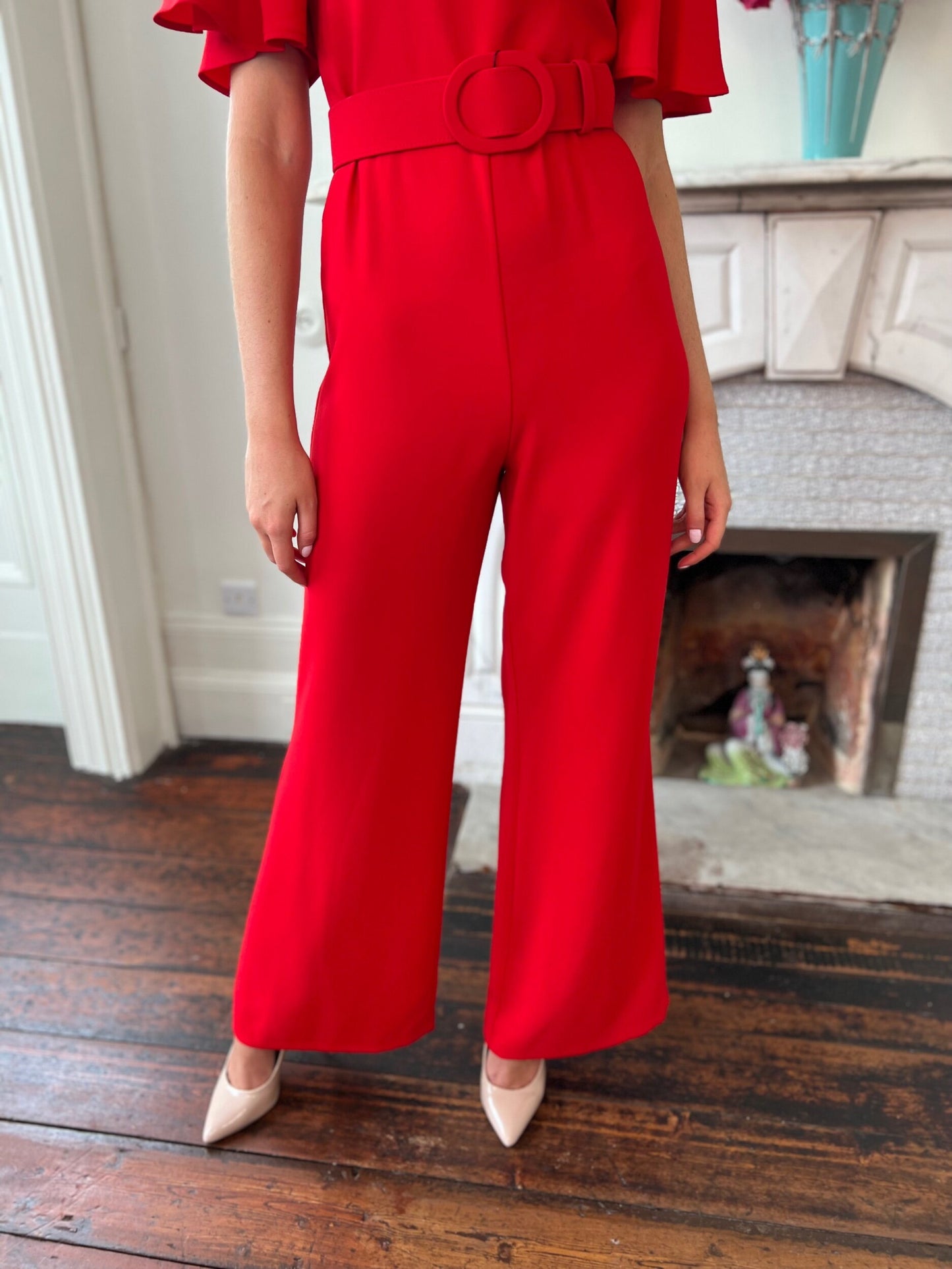 Scarlet Red Jumpsuit with Cape Sleeve and Neck